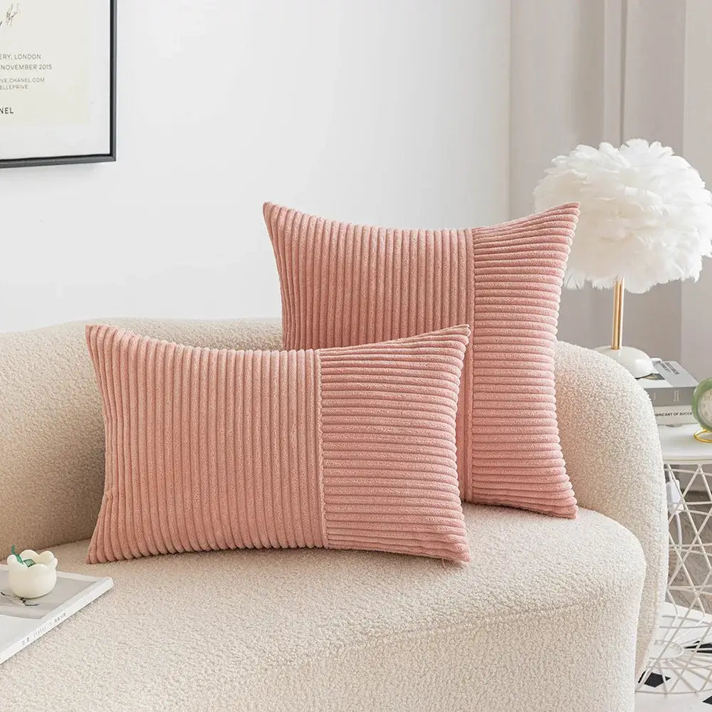 Pink corduroy throw pillow covers with ribbed texture and two-tone striped patchwork for living room decorbites use