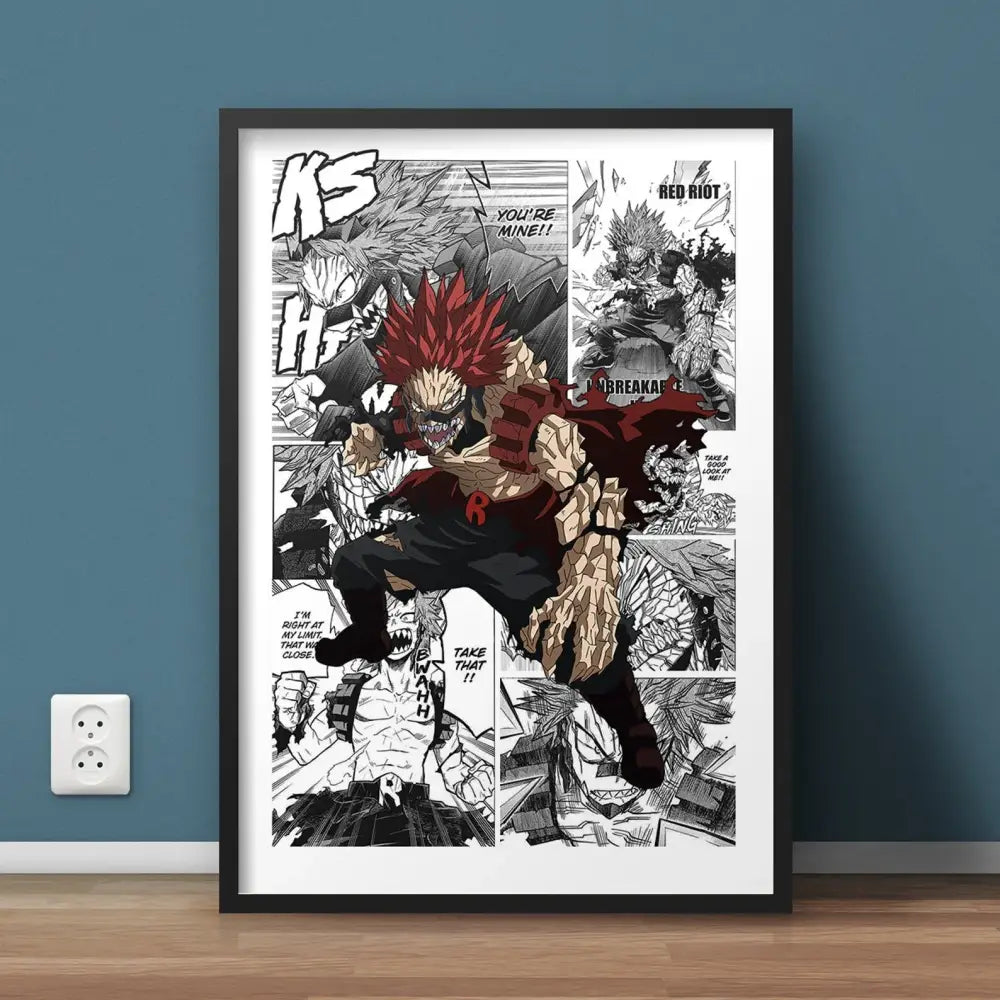 Black-framed hero academia canvas wall art featuring red-haired muscular character in dynamic action poses with bold paneling