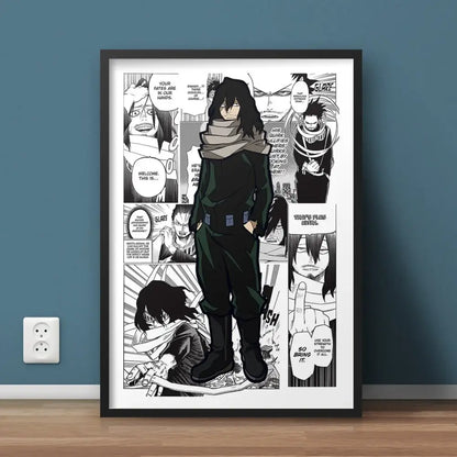 Black-framed decorbites™ hero academia canvas featuring anime character in dark green with beige scarf surrounded by manga panels