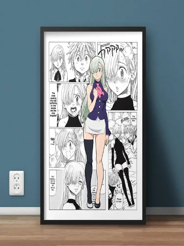 Black-framed hero academia canvas wall art featuring a green-haired anime character in a purple top by DecorBites