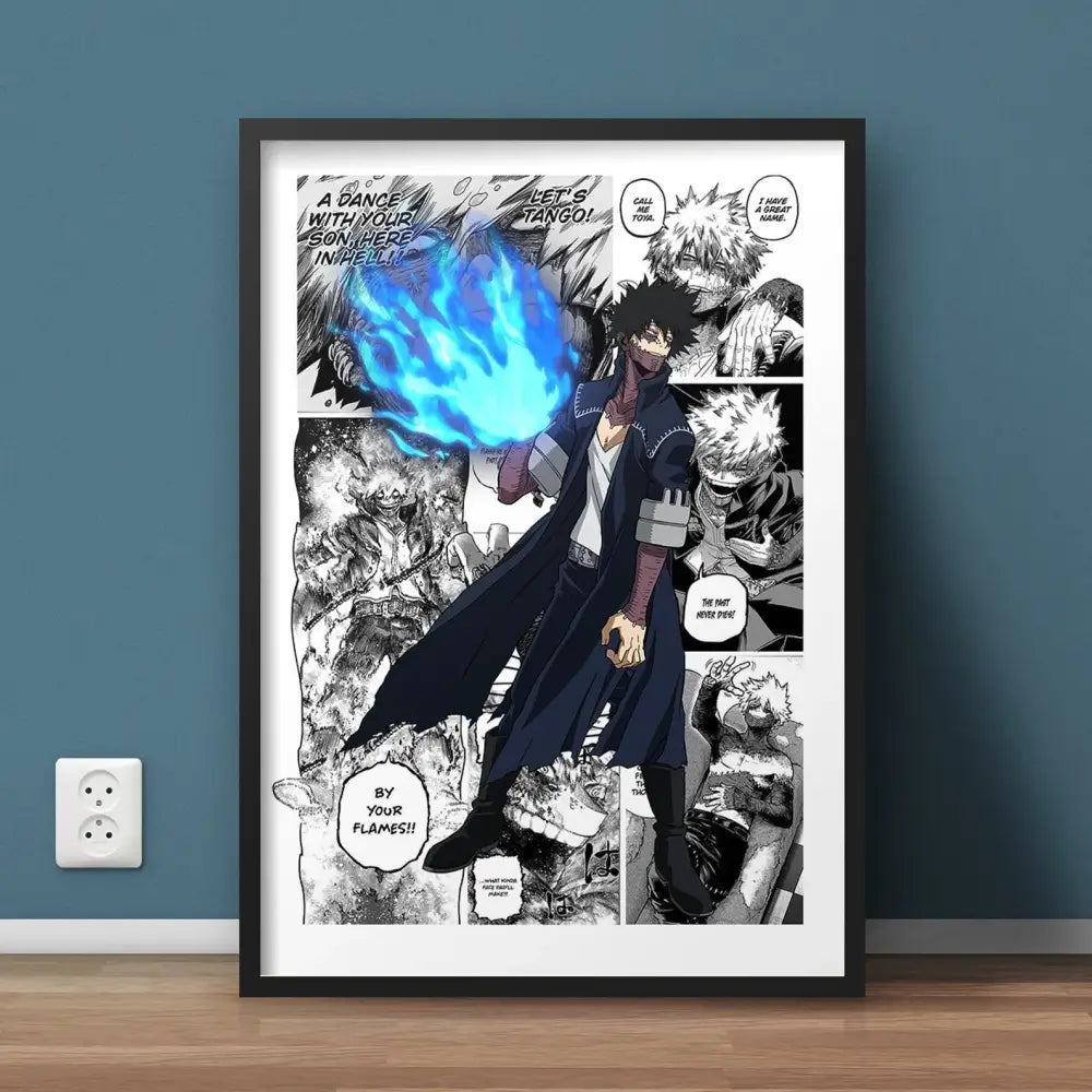 Black-framed hero academia canvas featuring dynamic manga scene with bold blue flames and monochrome characters