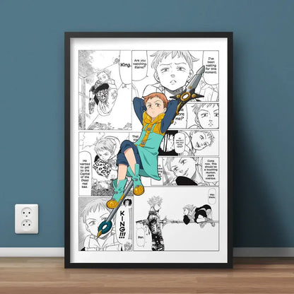 Black-framed hero academia canvas featuring black and white jujutsu kaisen comic art print on paper for wall decor