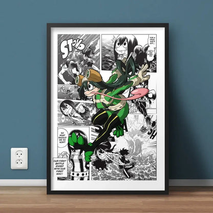 Black-framed DecorBites™ hero academia canvas wall art featuring a dynamic green and black anime comic panel with bold white text bubbles