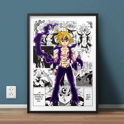 Black-framed decorbites™ hero academia canvas featuring golden-haired anime character with purple energy effects and comic panels background