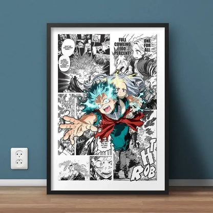 A framed hero academia canvas wall art featuring colorful izuku midoriya with glowing blue energy and red cape