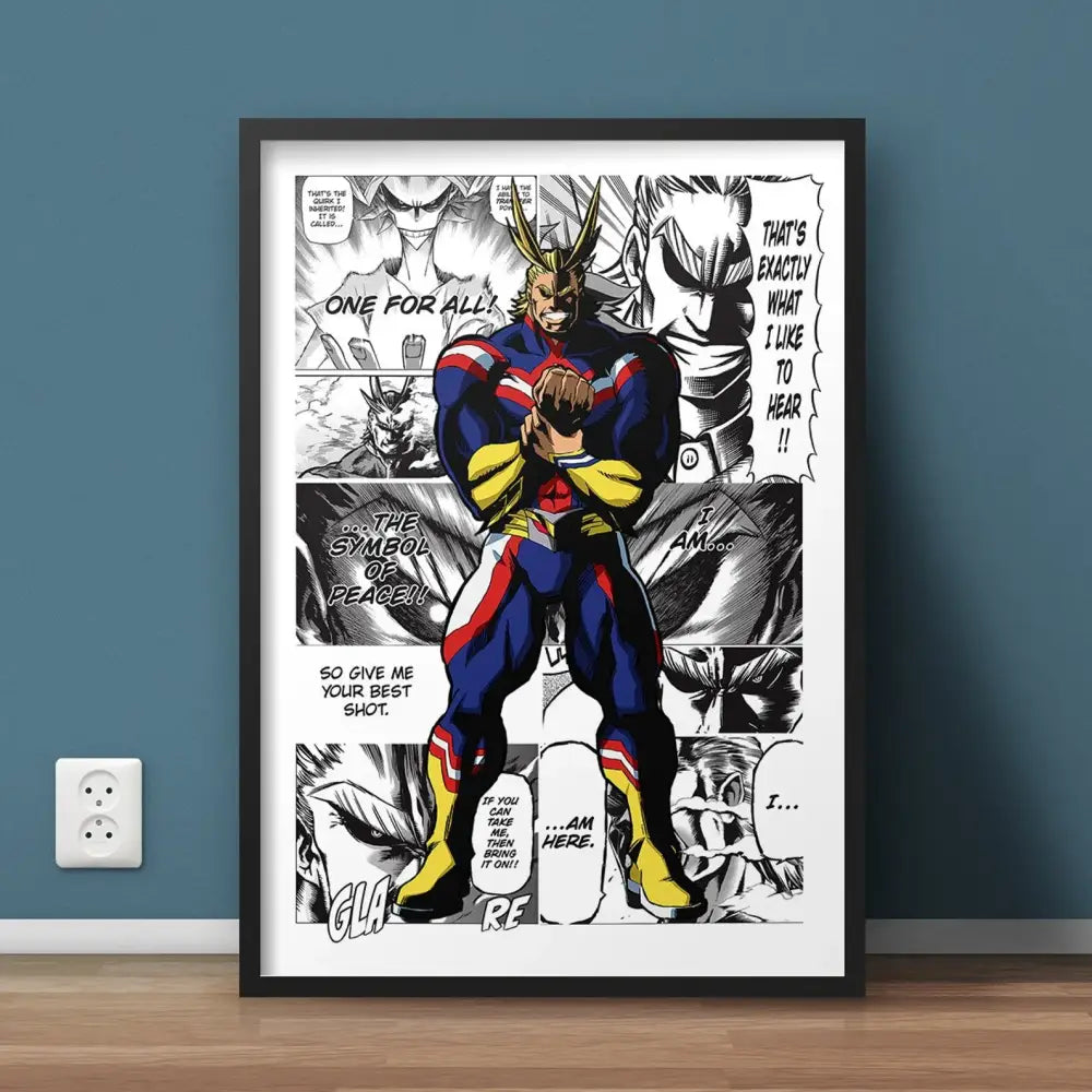 A framed hero academia canvas wall art featuring all might in blue and red suit with yellow boots and gloves by decorbites