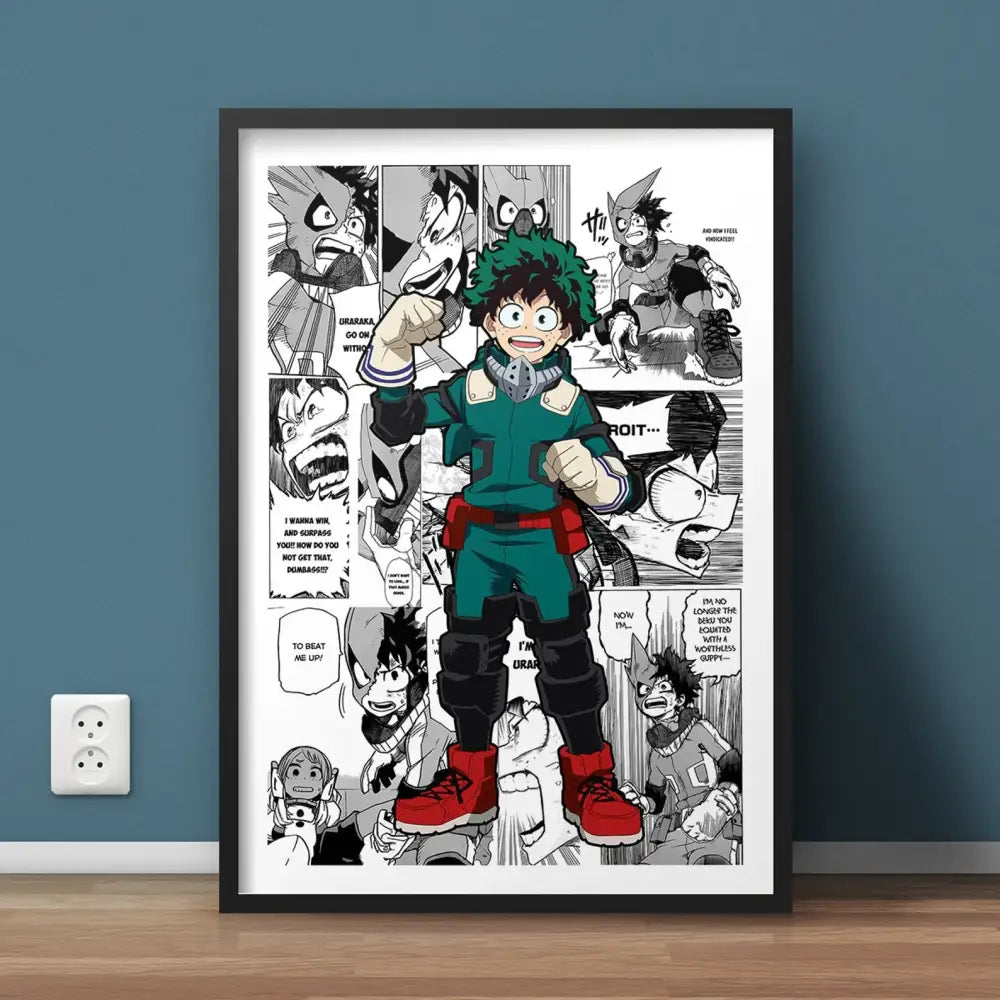 A framed hero academia canvas wall art featuring izuku midoriya in green and black uniform with comic panels