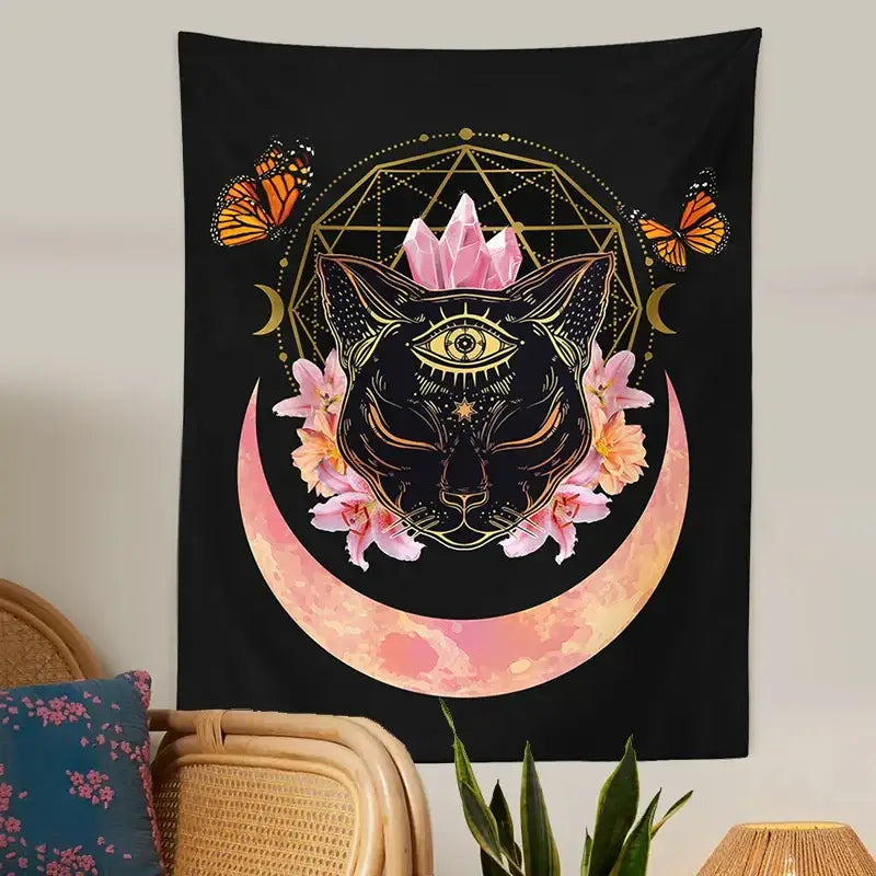 Black tapestry wall hanging featuring a mystic cat witch moon with pink crystals flowers and orange butterflies decorbites cat witch decor