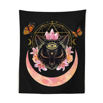 Black tapestry wall hanging featuring a mystic cat witch moon with pink crystals and gold geometric decorbites cat witch design