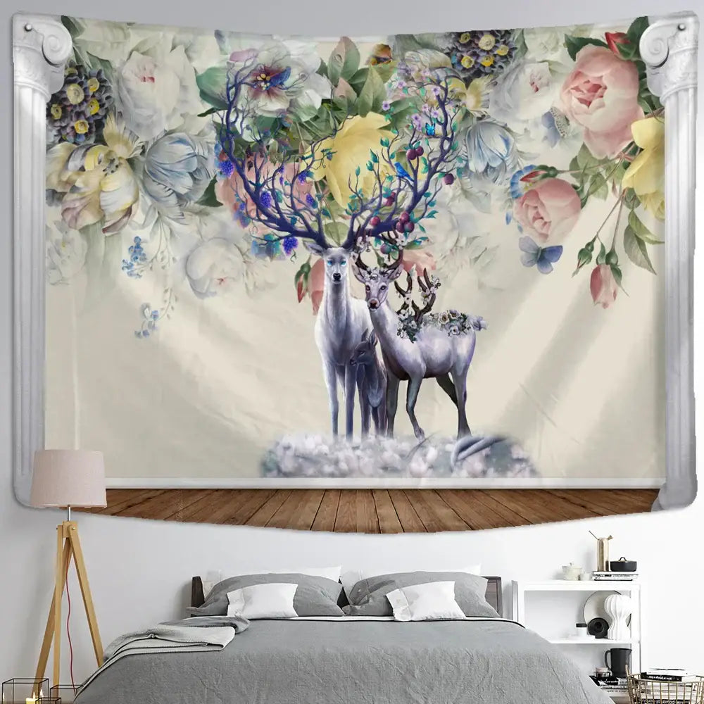 Mystical elk tapestry wall hanging featuring two elegant light gray deer with floral antlers on pastel background