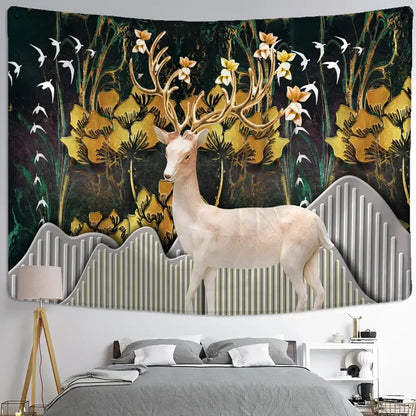 Mystical elk tapestry wall hanging featuring a white deer with golden antlers and yellow flowers on dark forest background