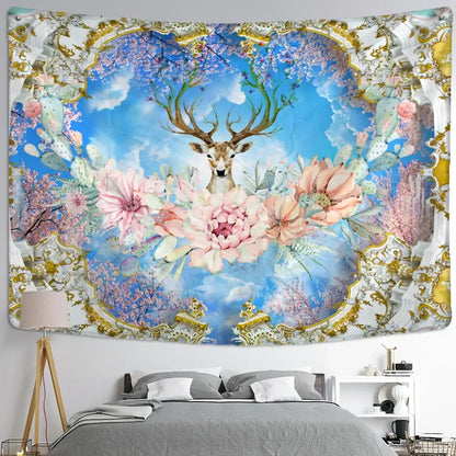Mystical elk tapestry wall hanging featuring a central deer with pink flowers and cactus against blue sky with gold frame