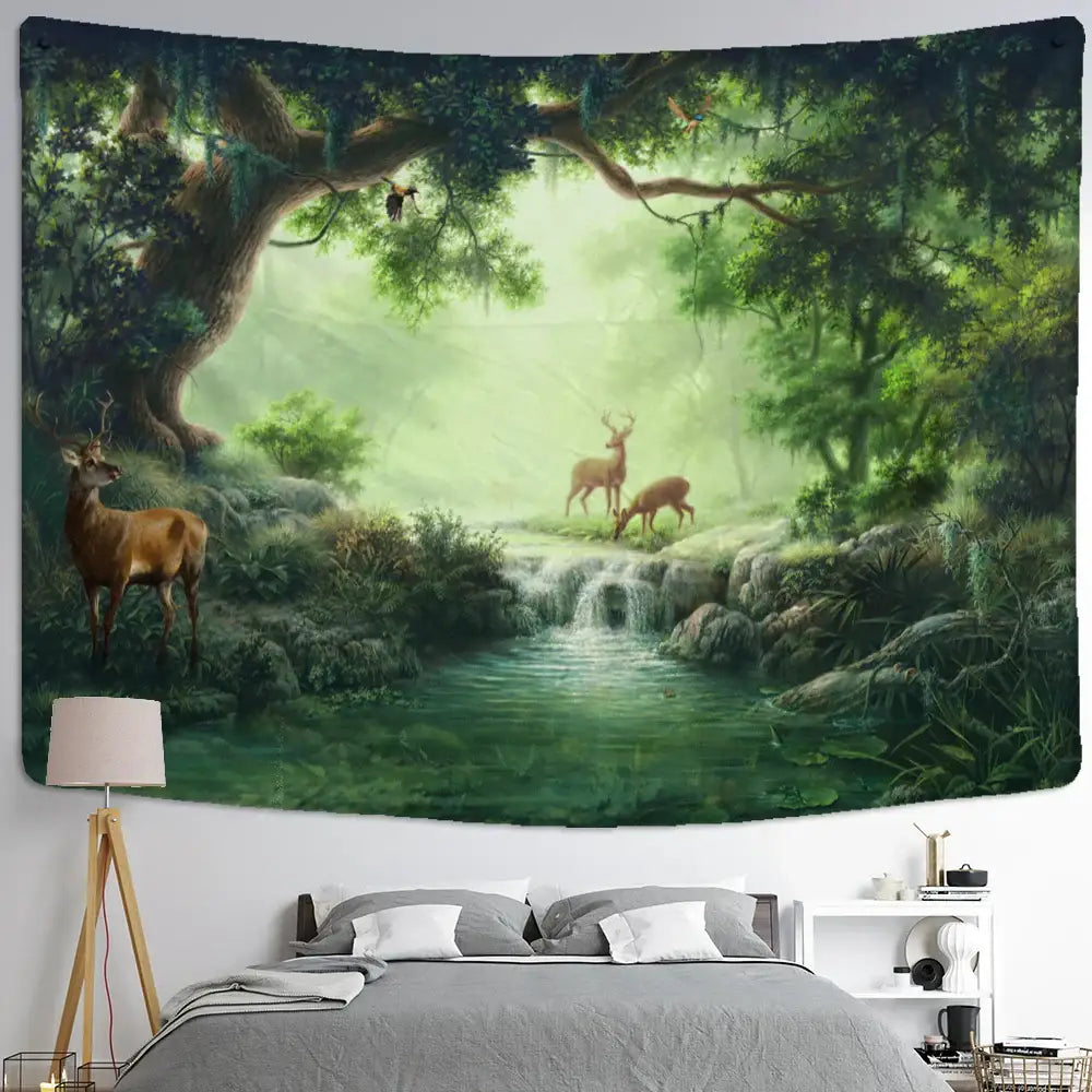 Mystical elk tapestry wall hanging featuring a lush green forest with deer, waterfall, and mossy trees for bedroom decor