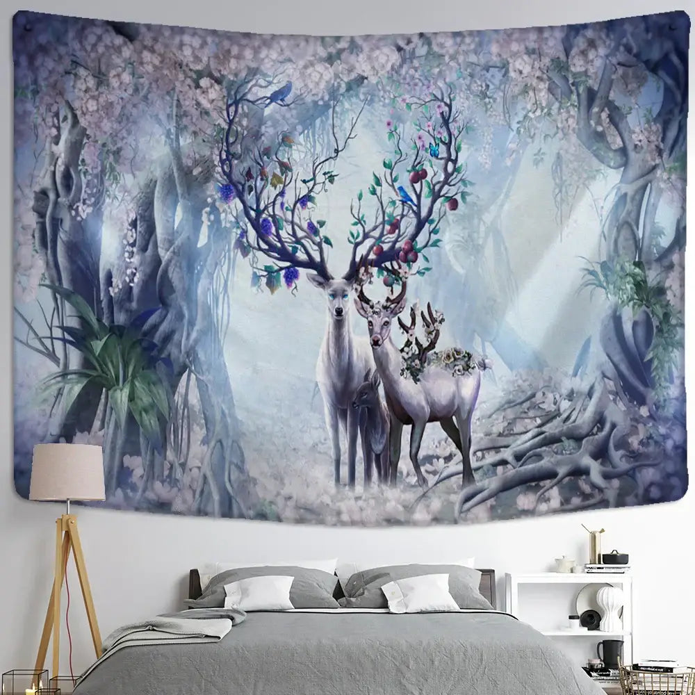 A soft rectangular elk tapestry wall hanging with blossoming antlers and ethereal trees for bedroom forest decor