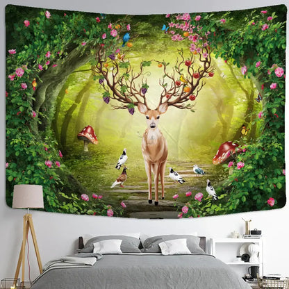 A vibrant elk tapestry wall hanging with a forest theme, featuring a deer with fruit and flowers on antlers
