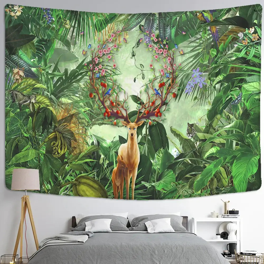 Vibrant elk tapestry wall hanging featuring a central deer with floral antlers surrounded by jungle foliage and birds