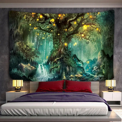 A large rectangular hippie wall tapestry with mystical forest scene and glowing orbs print hippie wall decorbites 3d print