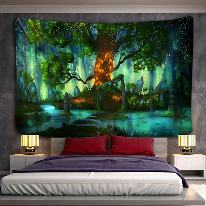 Vibrant mystical forest hippie wall tapestry with glowing green and orange hues printed by decorbites 3d print for bedroom decor