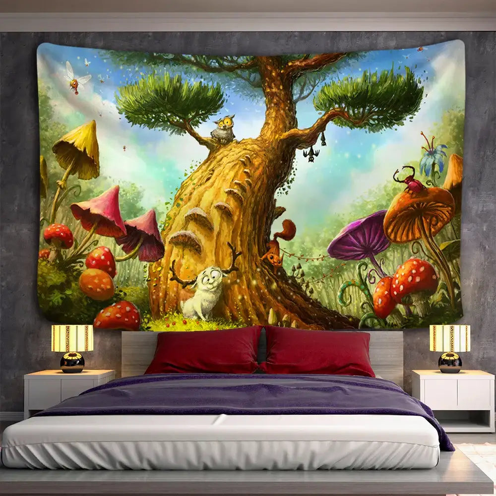A vibrant hippie wall tapestry with a 3d print of a mystical forest featuring oversized mushrooms and an ancient tree decorbites 3d print