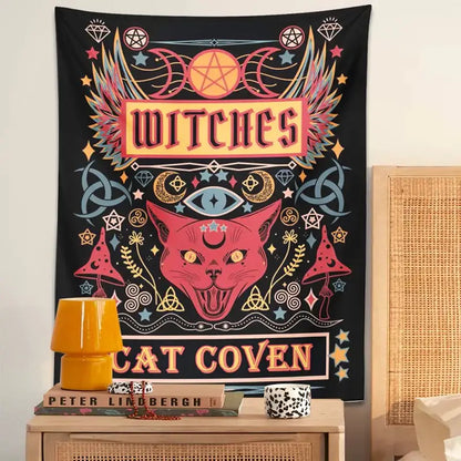 A vibrant black cat witchcraft tapestry featuring a pink cat and mystical symbols for home decor