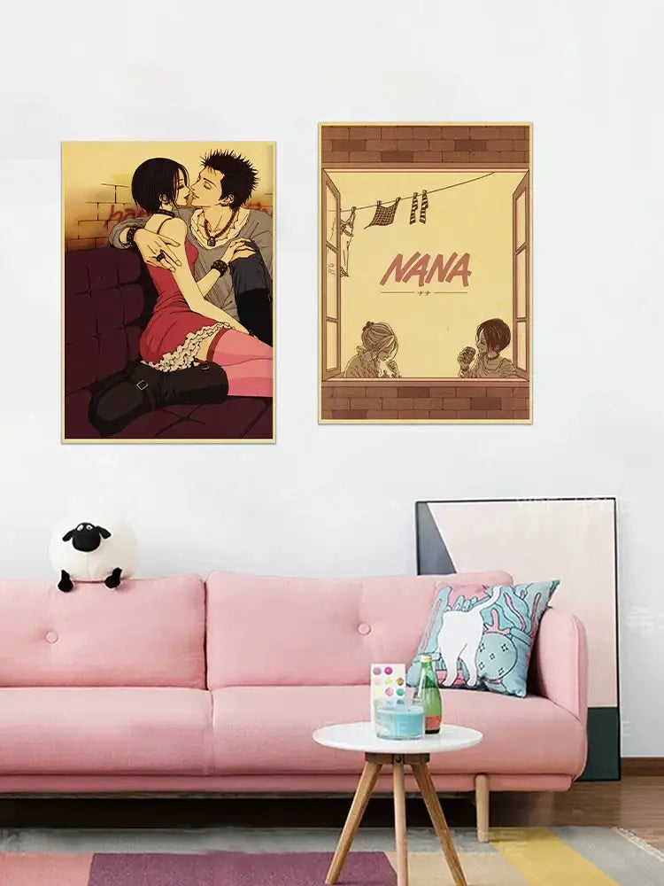 Pink tufted sofa with a sheep plush toy beside a DecorBites nana anime retro kraft kraft poster display