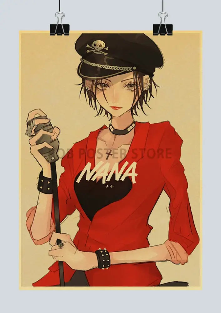 Decorbites™ nana anime kraft poster featuring a red and black retro kraft design with character in skull cap holding cane