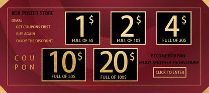 Red promotional coupon for bob poster store featuring gold discount amounts on black squares for retro kraft nana anime kraft poster decorbites