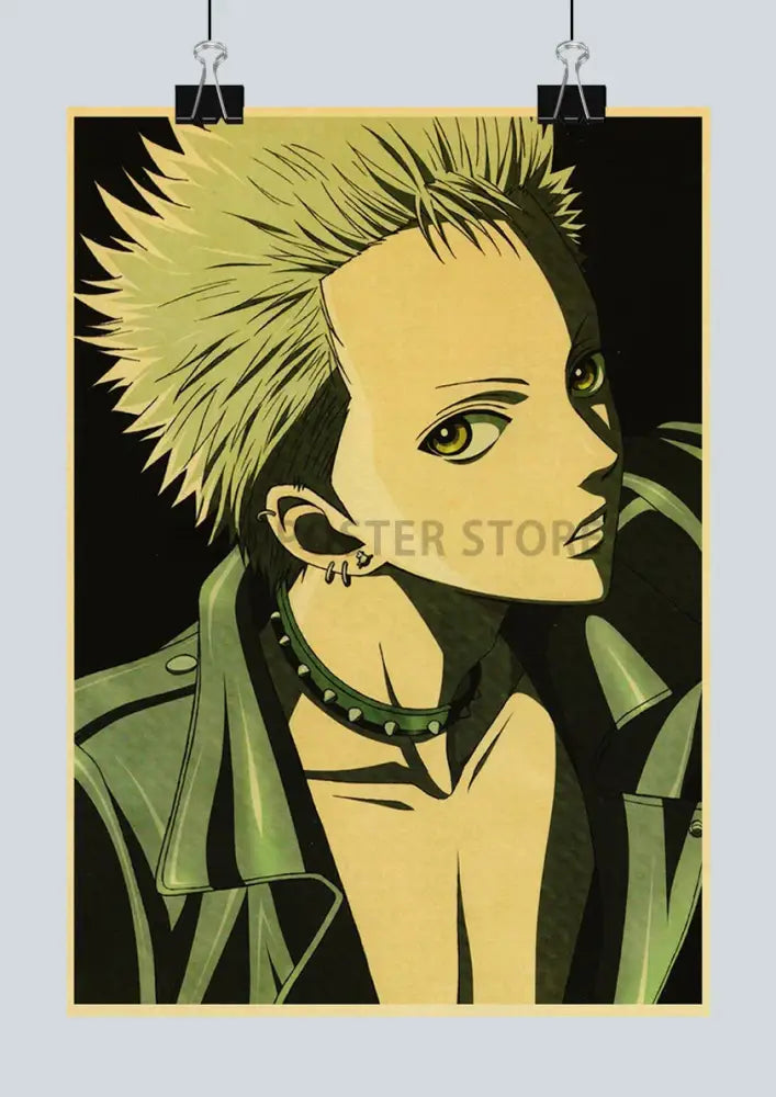Yellow and green stylized spiky-haired character kraft poster featuring nana anime design for retro kraft decor by DecorBites