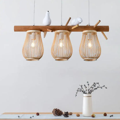Natural bamboo pendant light with three woven shades and wooden branch fixture for dining room island lights dining room