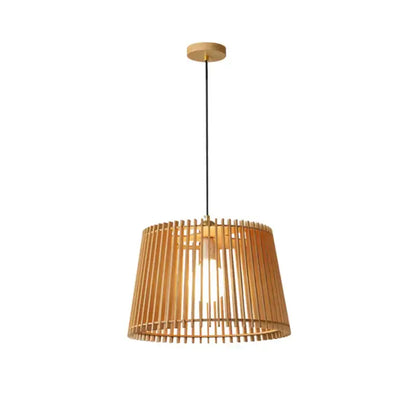 A warm-toned natural bamboo birdcage chandelier pendant lamp with cylindrical slats and wooden ceiling mount decorbites pendant lamp
