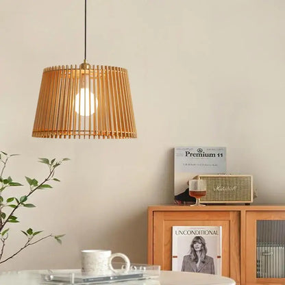 Natural bamboo birdcage chandelier pendant lamp with warm wooden slats and brass top for living room decorbites pendant lamp