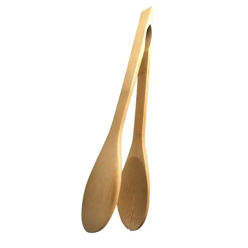 Light-colored natural bamboo kitchen food tongs set of 4 with smooth finish and tapered handles by decorbites bamboo kitchen