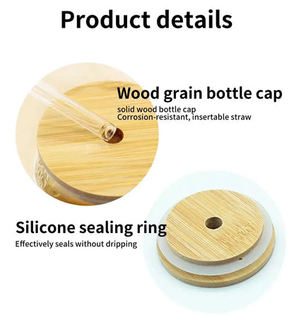 Natural bamboo decorbites bamboo lid for glass cup with solid wood grain bottle cap silicone seal and clear straw