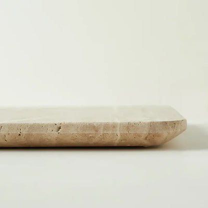 Beige travertine marble serving tray with smooth polished top and textured edges ideal for kitchen and bathroom decor