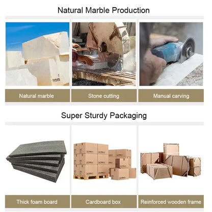 Collage showing natural marble production and super sturdy packaging for decorbites beige travertine incense burner sphere
