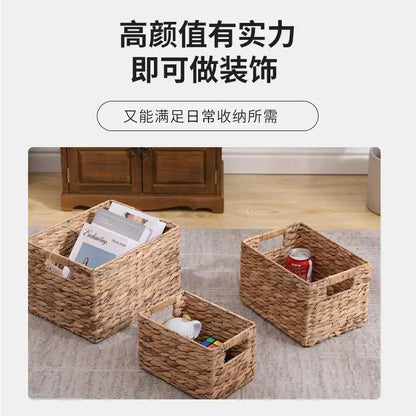 Set of three natural brown and gray woven rattan storage baskets with handles for office organization by decorbites
