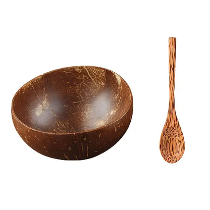 Natural dark brown handcrafted decorbites coconut bowl set with fibrous texture and matching wooden spoon for kitchen use