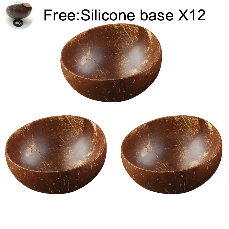 Set of three natural dark brown handcrafted decorbites coconut bowl set with textured rustic finish for kitchen use