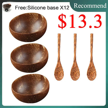 Natural dark brown handcrafted coconut bowl set with three bowls and wooden spoons ideal for kitchen tableware decorbites bowl set
