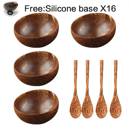 Set of four natural dark brown handcrafted decorbites coconut bowl set with matching wooden spoons for kitchen use