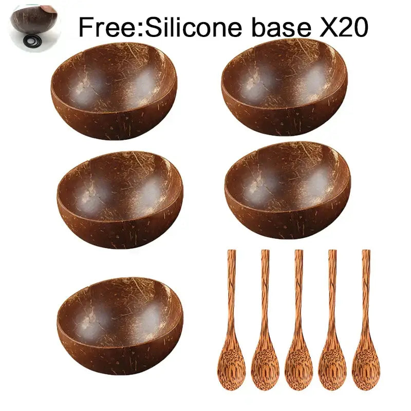 Set of six natural dark brown decorbites coconut bowl set with matching wooden spoons handcrafted for kitchen use