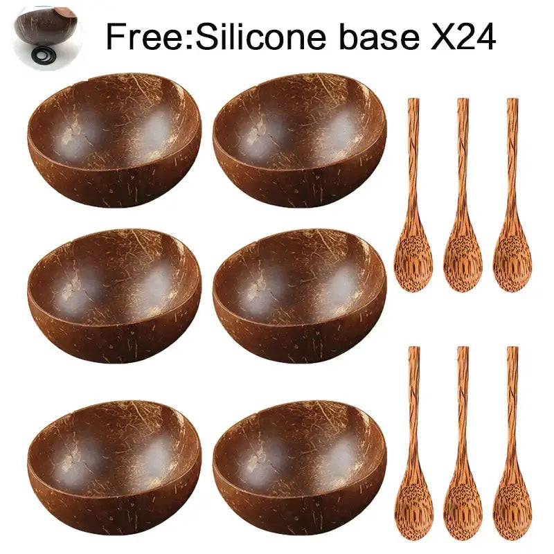 Set of six natural dark brown handcrafted decorbites coconut bowl set with matching wooden spoons for kitchen use