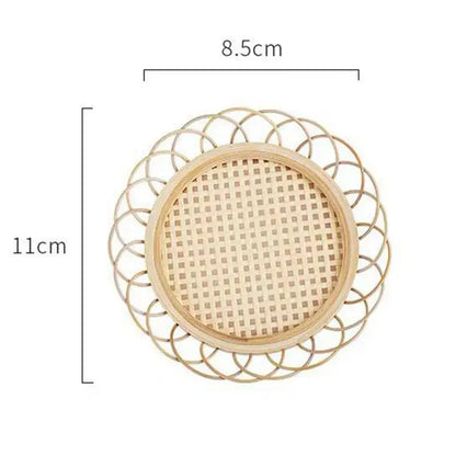 Round light beige bamboo woven storage basket with decorative rim and central grid pattern for dining room use