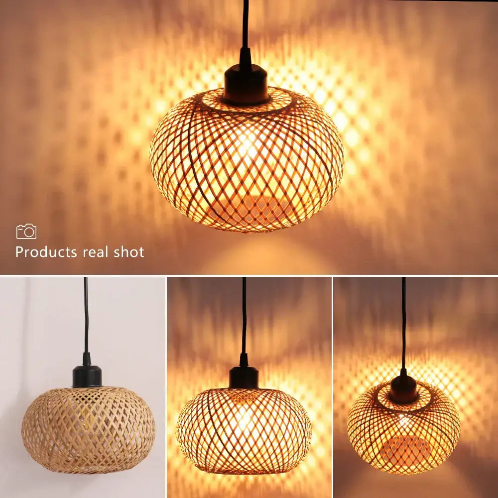 Warm-toned natural lattice bamboo rattan pendant chandelier with woven spherical design and black fixture for dining room decorbites bamboo rattan