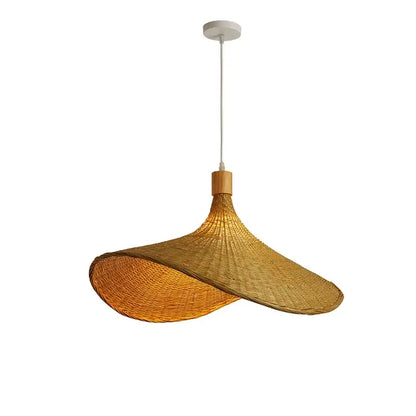 Natural light brown bamboo wicker chandelier with a flared woven rattan pendant light and wooden accents for dining room