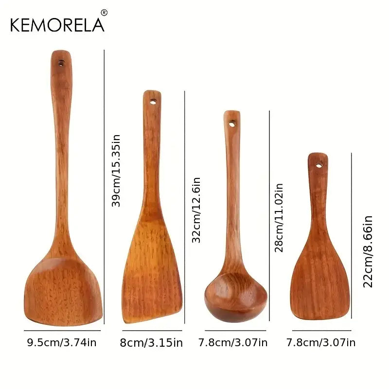 Natural polished 4-piece wooden kitchen utensil set with warm brown tones and visible natural wood grain