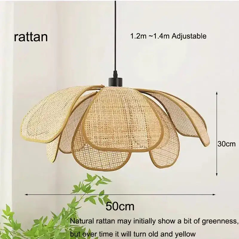 Beige flower-shaped natural rattan woven pendant light with black hanging cord for dining room lighting