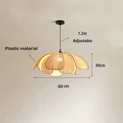 Natural rattan warm-toned woven pendant light shaped like layered petals for dining room illumination