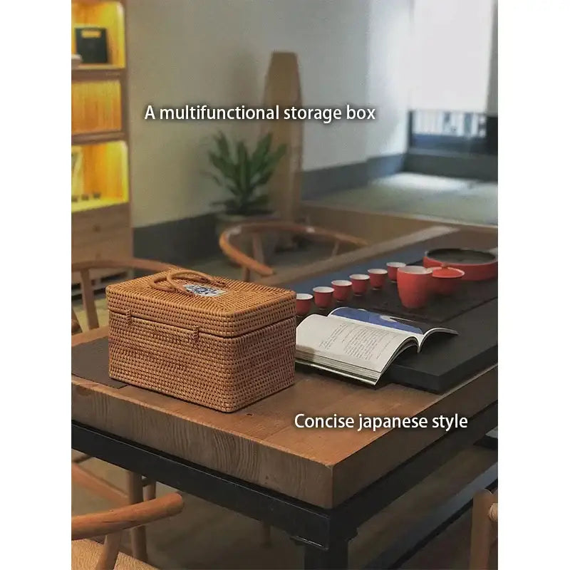Natural tan handwoven rattan storage box with ceramic lid and handle for kitchen decorbites handwoven rattan storage