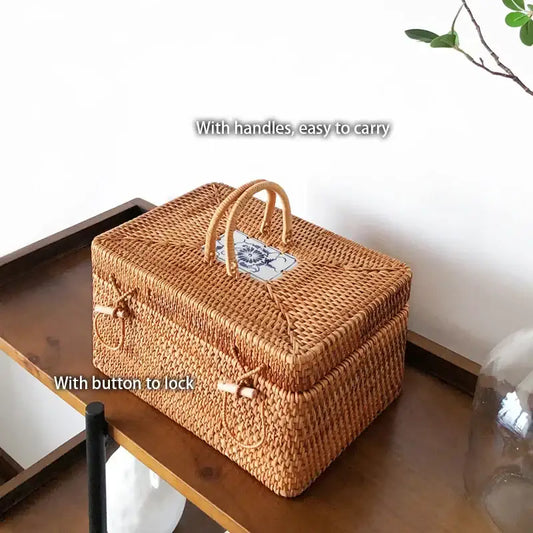 Natural tan handwoven rattan storage box with ceramic tile lid and handles by decorbites for kitchen use